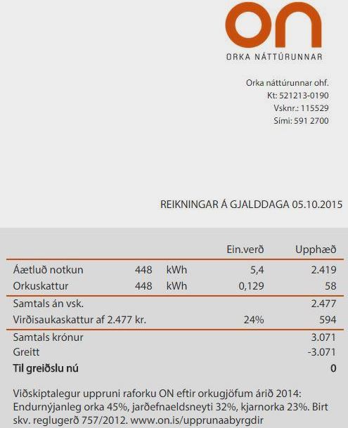 Reikningur frá ON þar sem uppruni seldrar raforku kemur fram.